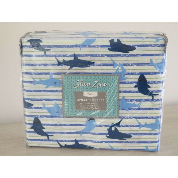 Sleep Zone Ocean Life SHARKS Blue White Striped 3 Pc Twin Sheet Set NEW $68 - Picture 1 of 4